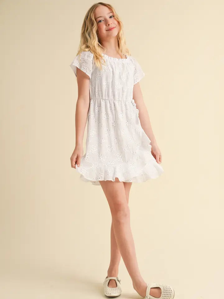 White Faux Wrap Eyelet Dress