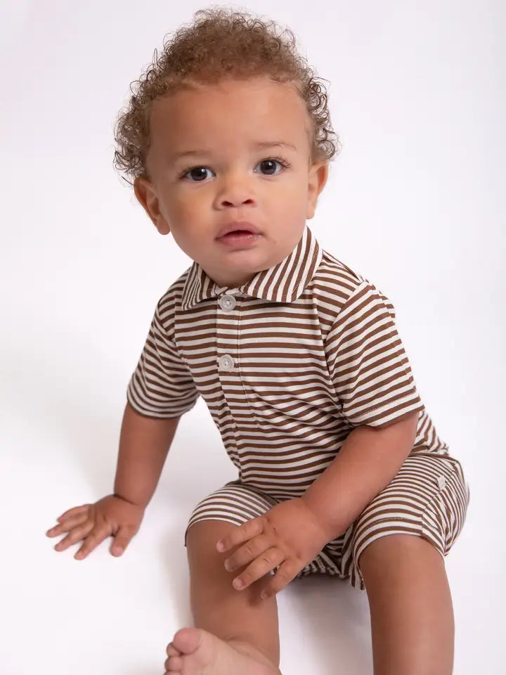 SS Polo Romper, Choc Stripes