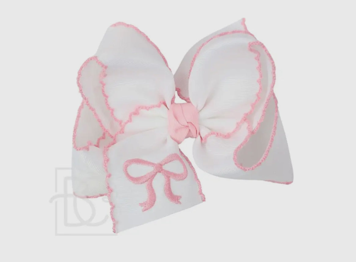Embroidered Bow Crochet Edge 4.5 Large Bow, White w/L Pink Edge