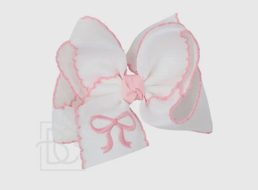 Embroidered Bow Crochet Edge 4.5 Large Bow, White w/L Pink Edge