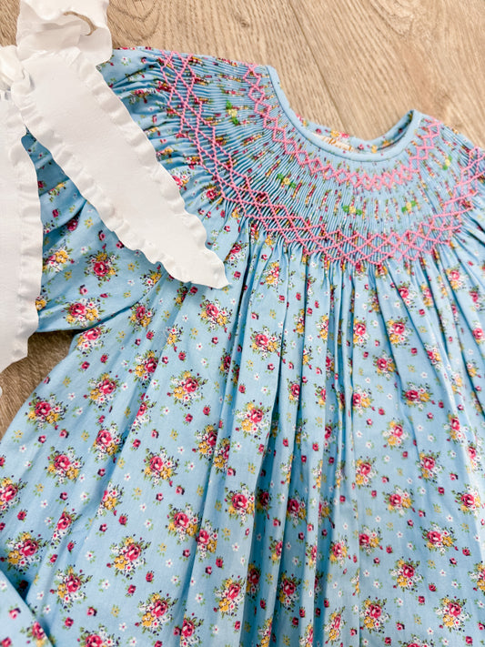 Bishop Smocked In Blue Printed Dress