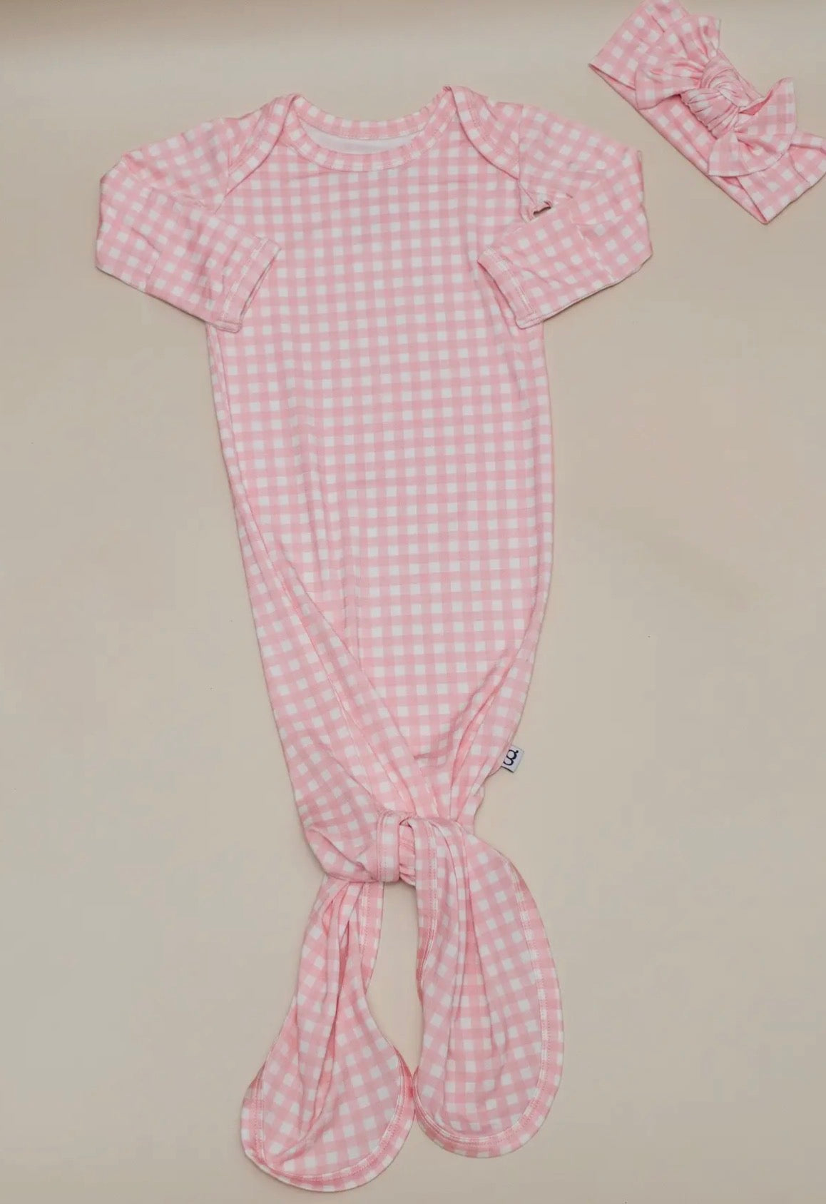 Pink Gingham Knotted Infant Gown(0-3 Month)