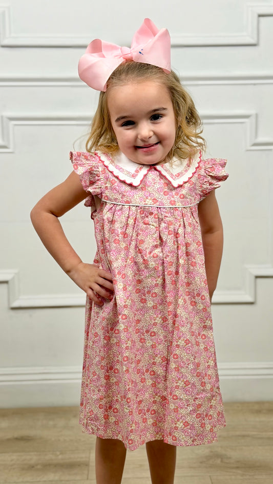 Pink Floral White Collar Trim Tie Back Dress