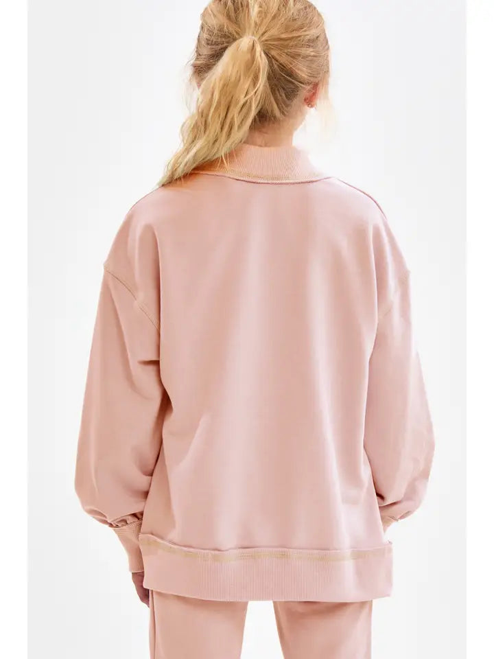 Cotton Terry Mock Neck Sweatshirt, Dusty Coral