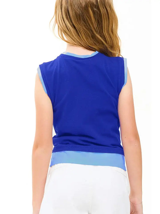 Color Blocked Sleeveless Layered Top, Blue