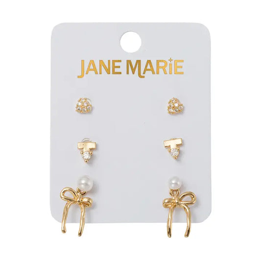 Set of 3 Earrings Heart, Bar, Pearl