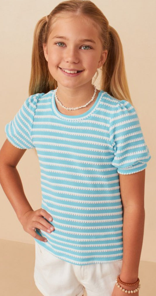 Textured Stripe Puff Sleeve Top, Blue