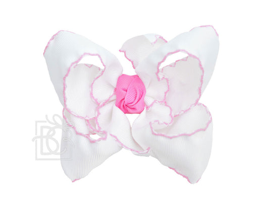 Crochet Edge Ribbon Bow on Clip 3.5 Medium , White/Hot Pink