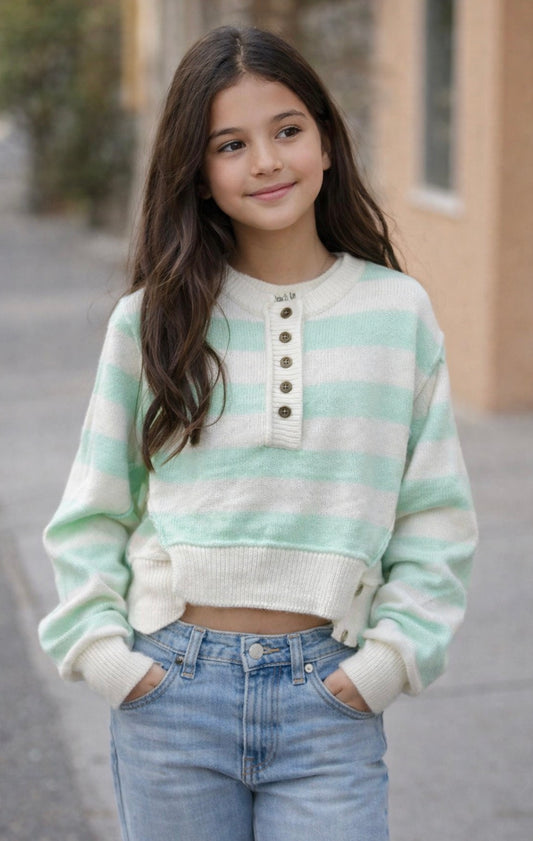 Mint Striped Button Detail Sweater