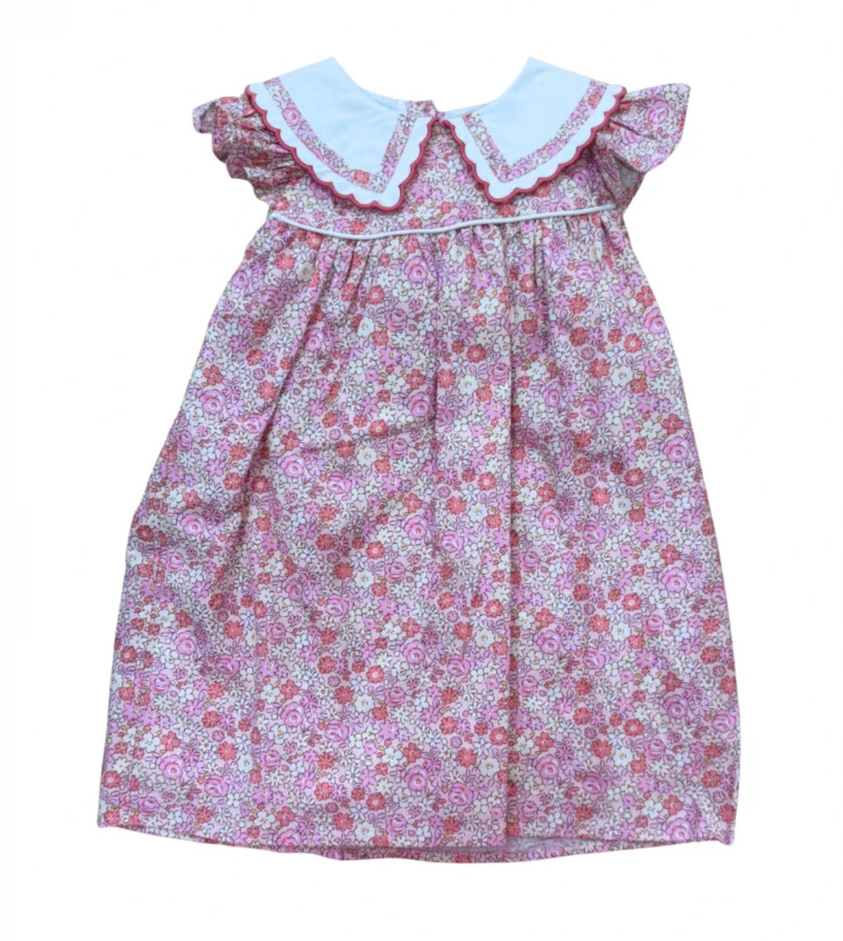 Pink Floral White Collar Trim Tie Back Dress