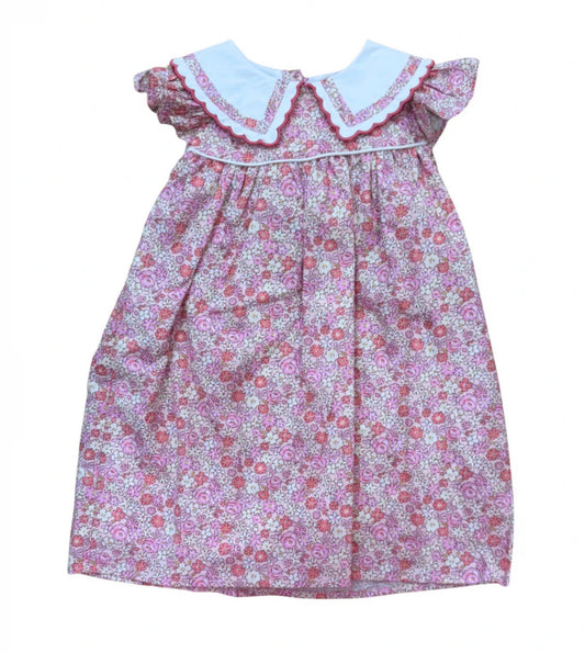 Pink Floral White Collar Trim Tie Back Dress