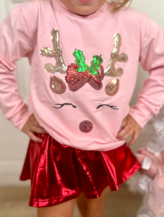 Light Pink LS Sequin Reindeer Top