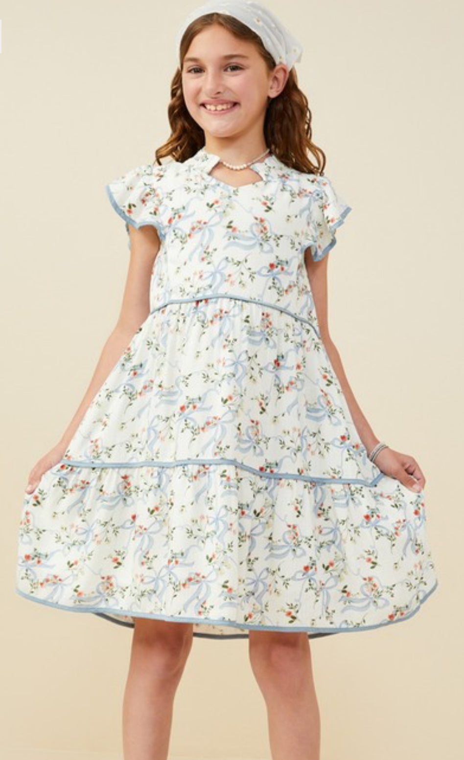 Blue Floral Ribbon Trim Dress