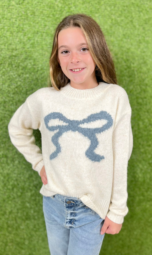 Ivory Blue Bow Sweater