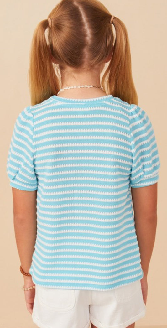 Textured Stripe Puff Sleeve Top, Blue