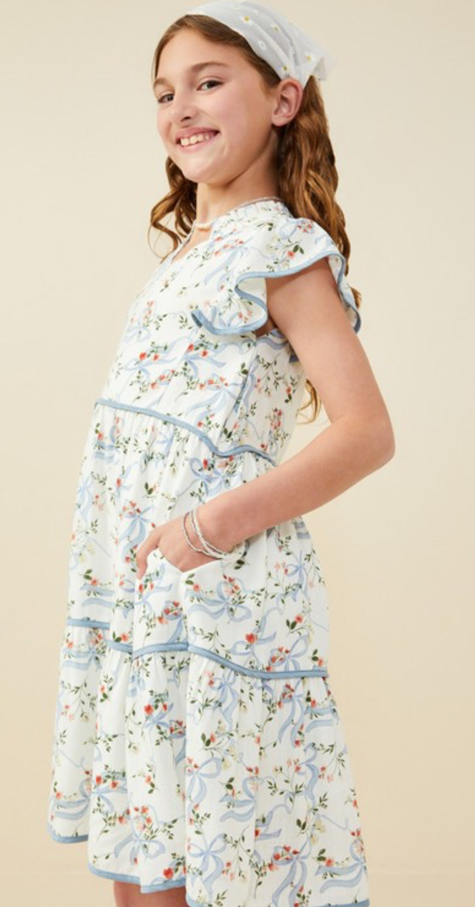 Blue Floral Ribbon Trim Dress