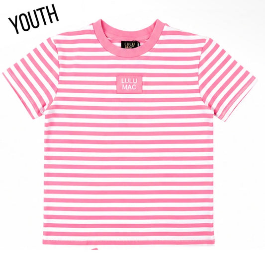 Lulu Mac Stripe Patch Short Sleeve Top, Neon Pink