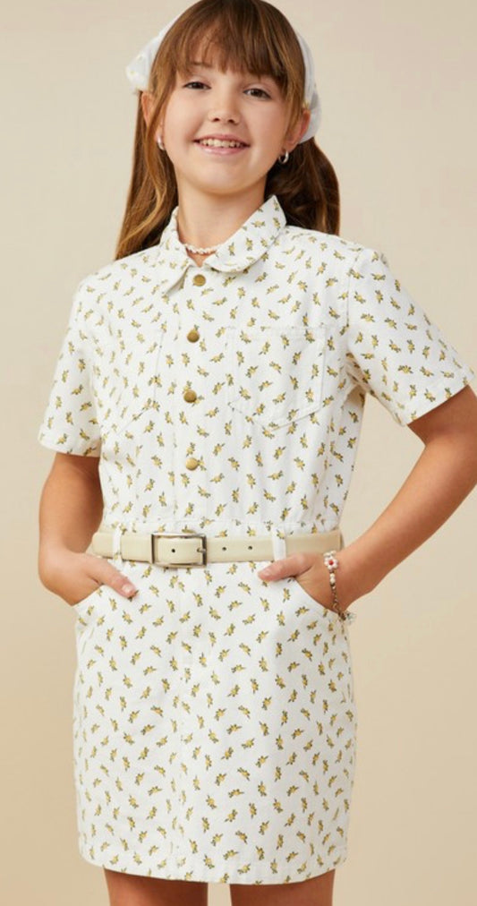 Off White Ditsy Print Button Down Twill Dress
