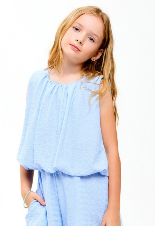 Curly Wrinkled Bubble Top, Blue