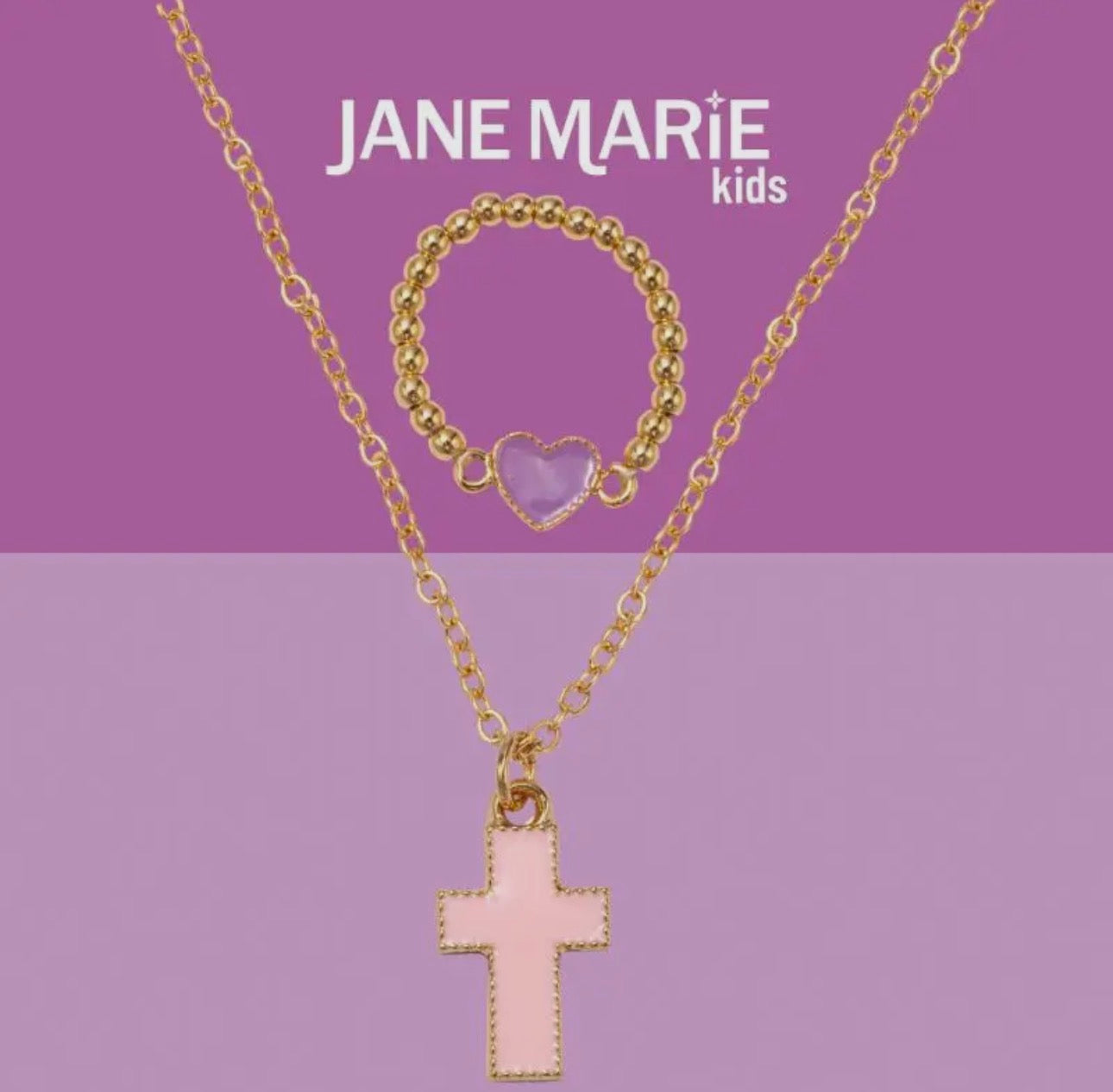 14" Necklace w/Light Pink Cross & Purple Heart Ring