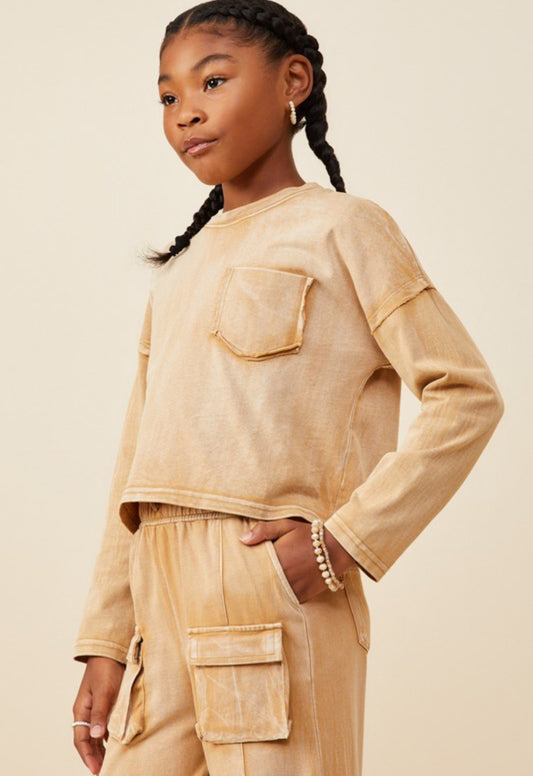 Taupe Washed Chest Pocket Top