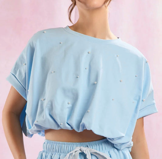 Light Blue Pearl Detail Cropped Bubble Hem Top