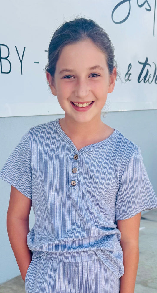 Blue Rib Knit Marled Henely Top