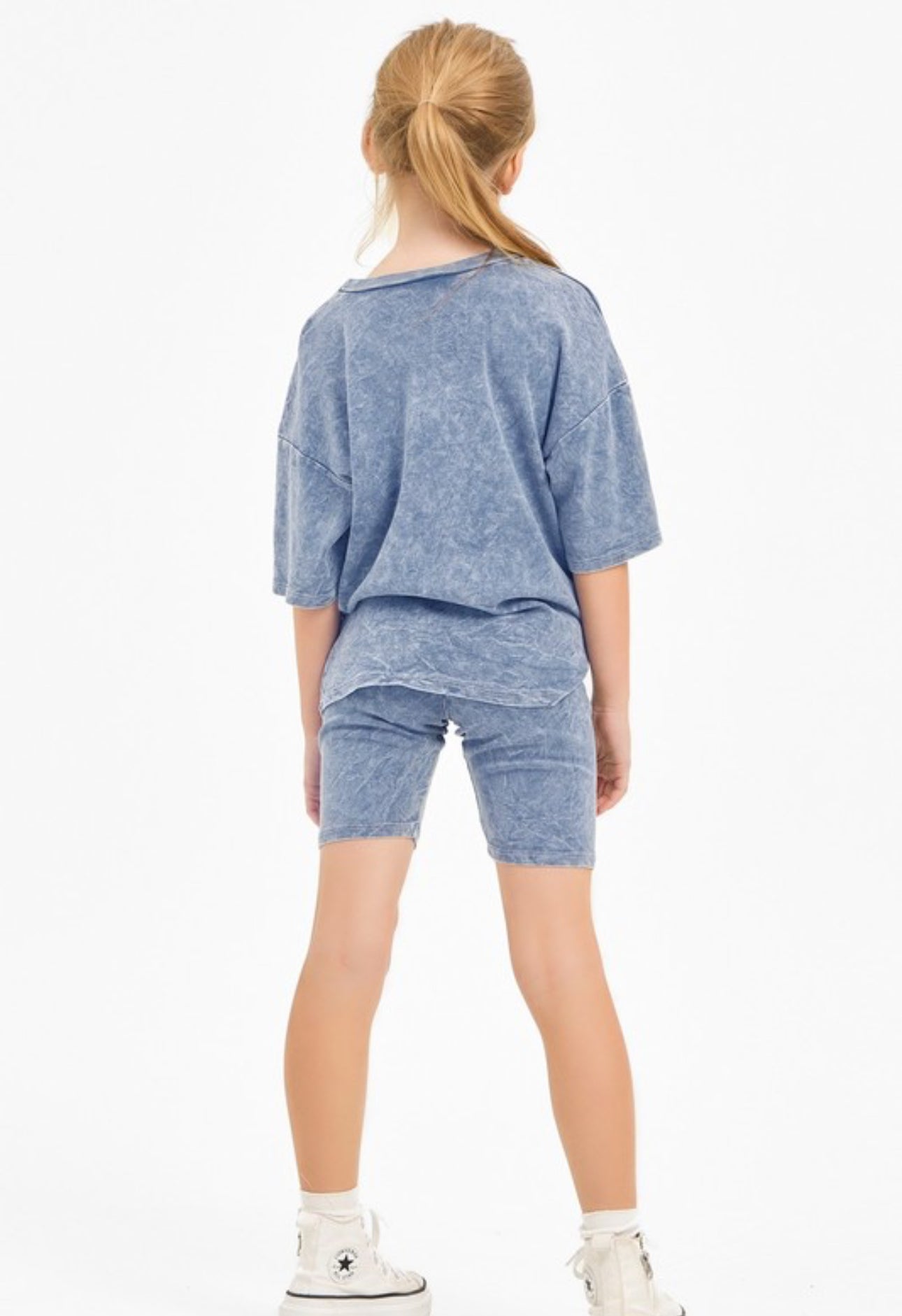 Denim Blue Mineral Washed Top and Biker Short Set