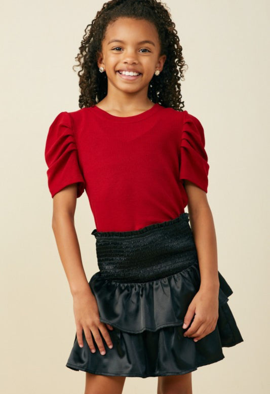 Red Ribbed Pleated Shoulder Top
