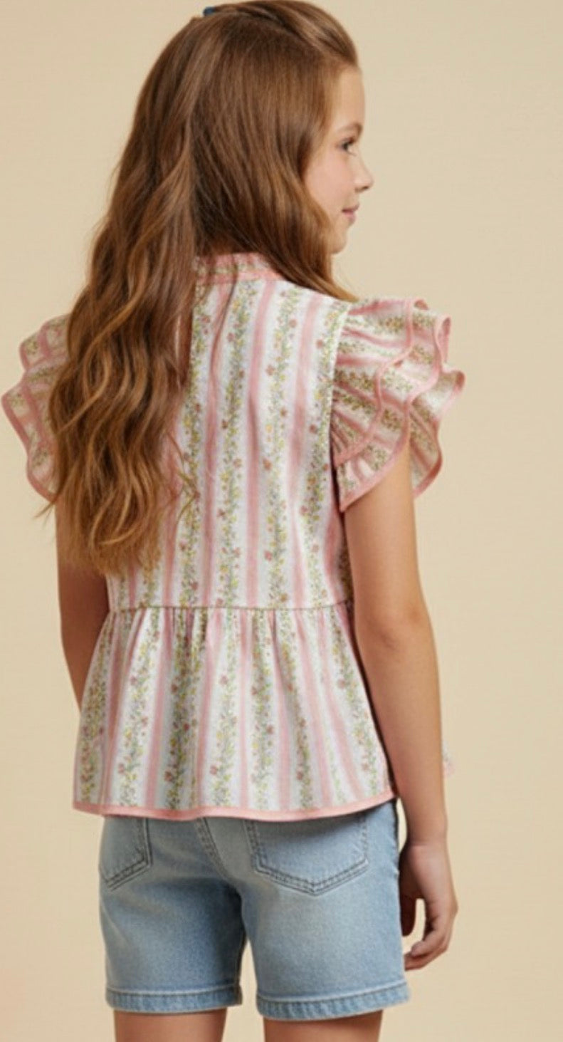 Pink Floral Striped Ruffle Shoulder Top
