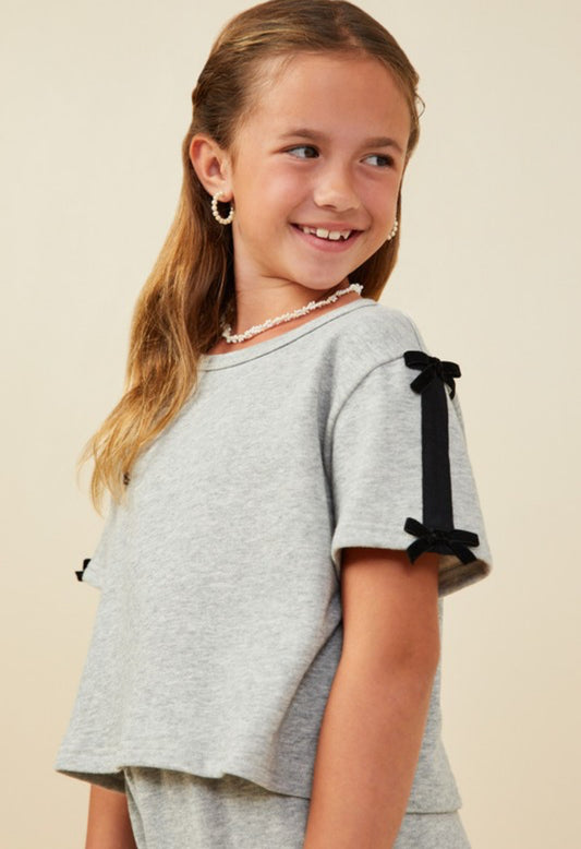 Girls Bow Trim Side Stripe Terry Top