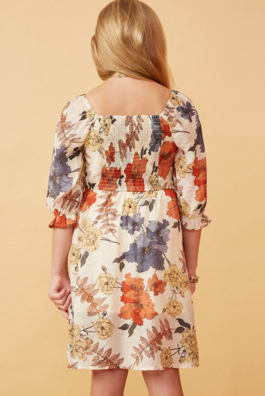 Rust Floral Smocked Square Neck Dress
