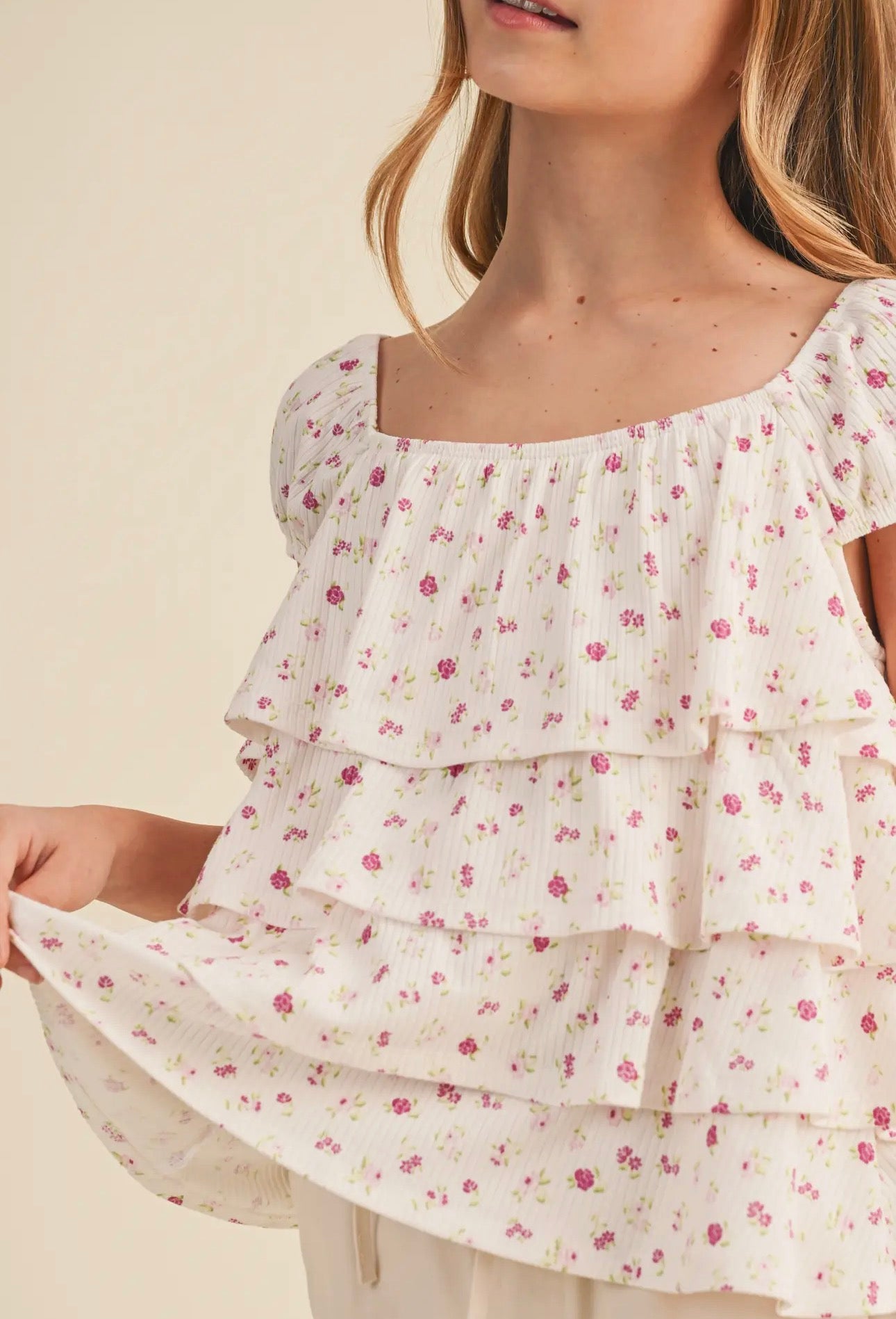 Ruched Shoulder Ruffle Cropped Top