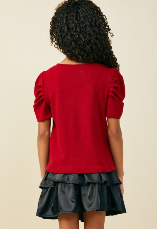 Red Ribbed Pleated Shoulder Top