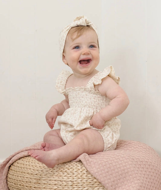 Smocked Ruffle Sleeve Romper-Pink Blossom