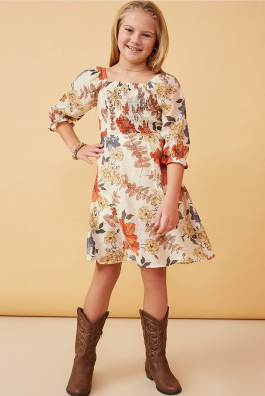 Rust Floral Smocked Square Neck Dress