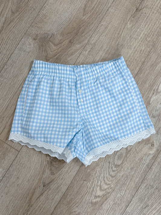 Blue Gingham Lace Trim Boxer Shorts