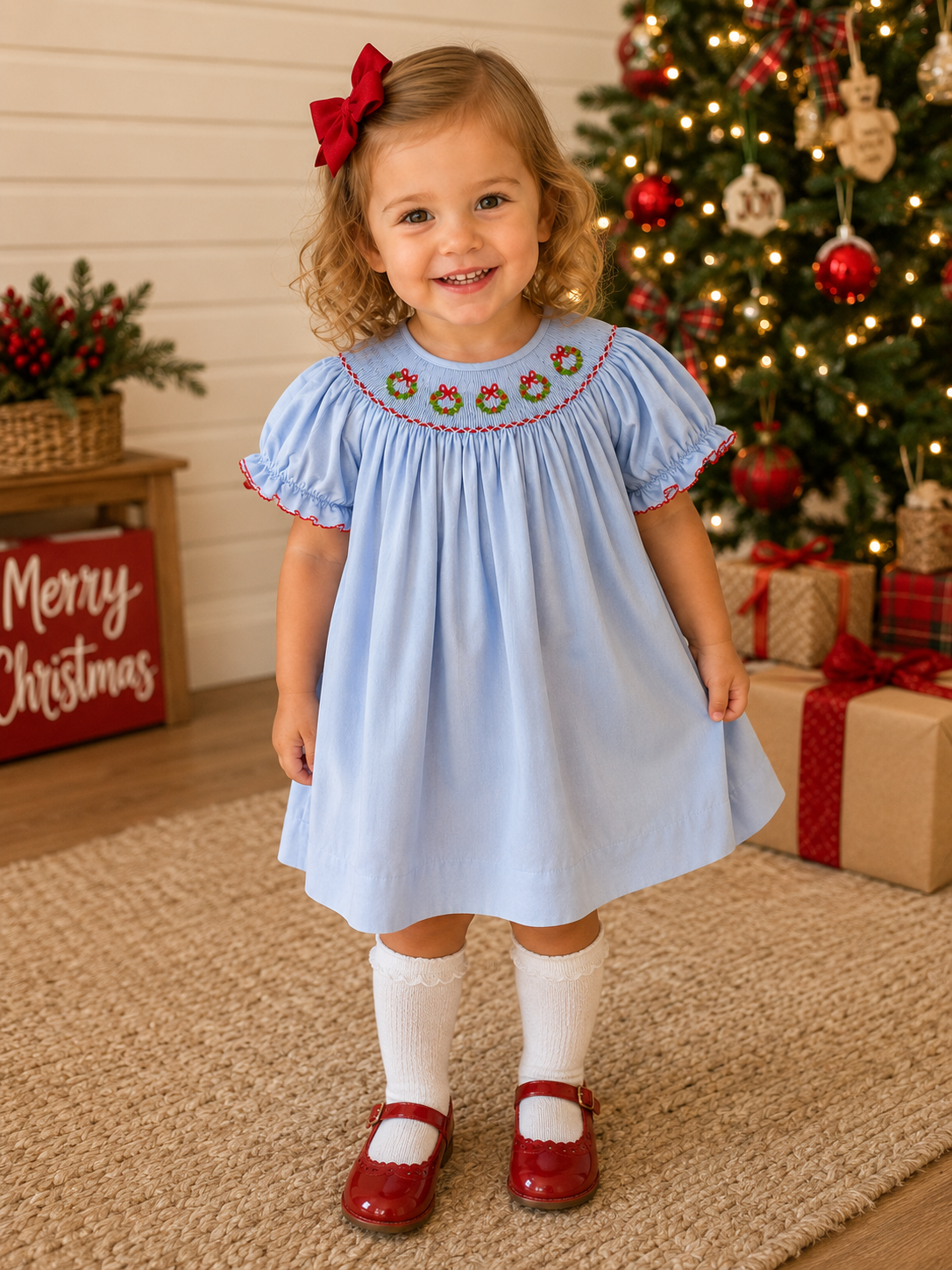 Wreath Blue Smocked Bishop Dress