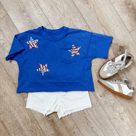 Washed Blue Star Sequin Patch Top
