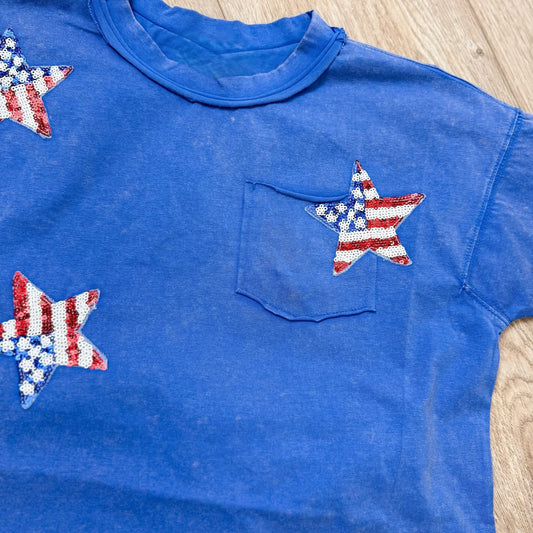 Washed Blue Star Sequin Patch Top