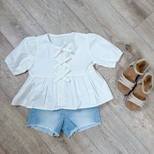 White Solid Cotton Poplin Front Tie Ribbon Blouse