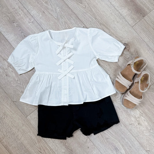 White Solid Cotton Poplin Front Tie Ribbon Blouse