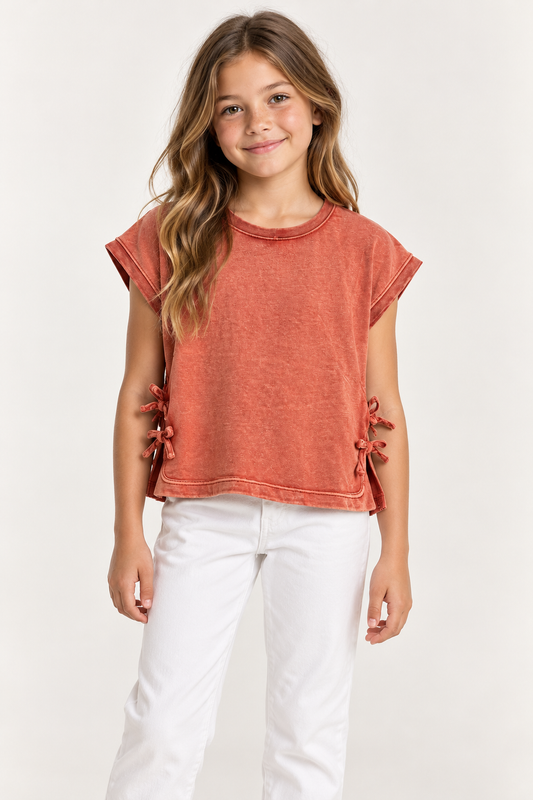 Red Washed Side Bow Tee