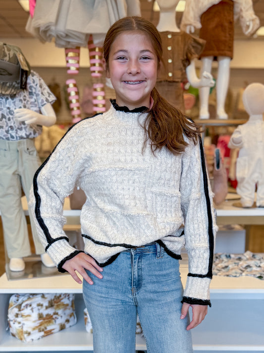 Oatmeal Contrast Stripe Sleeve Textured Sweater