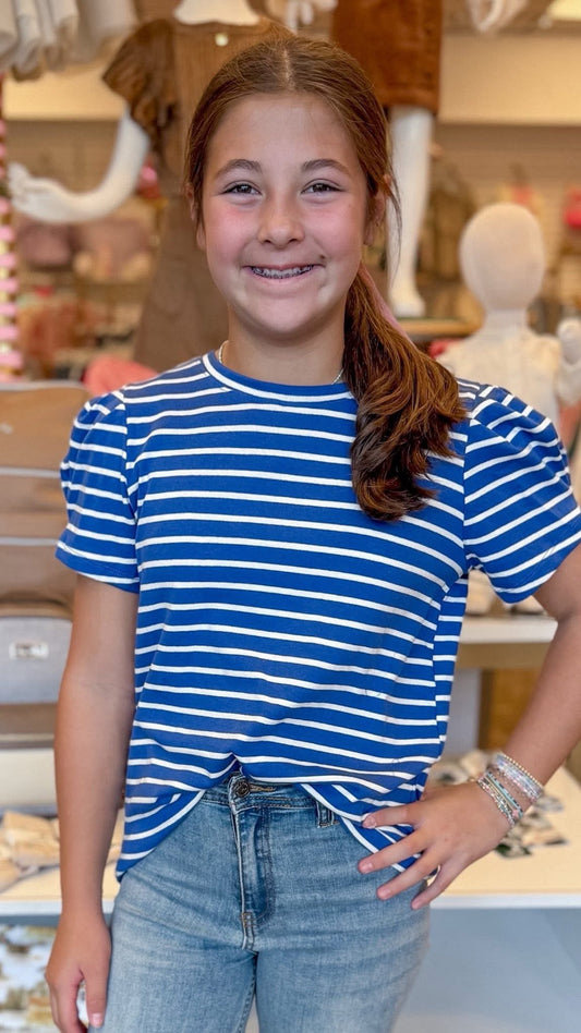 Blue/White Puff Sleeve Stripe Knit Top