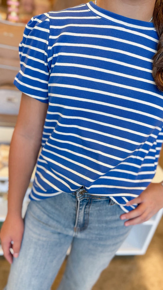 Blue/White Puff Sleeve Stripe Knit Top