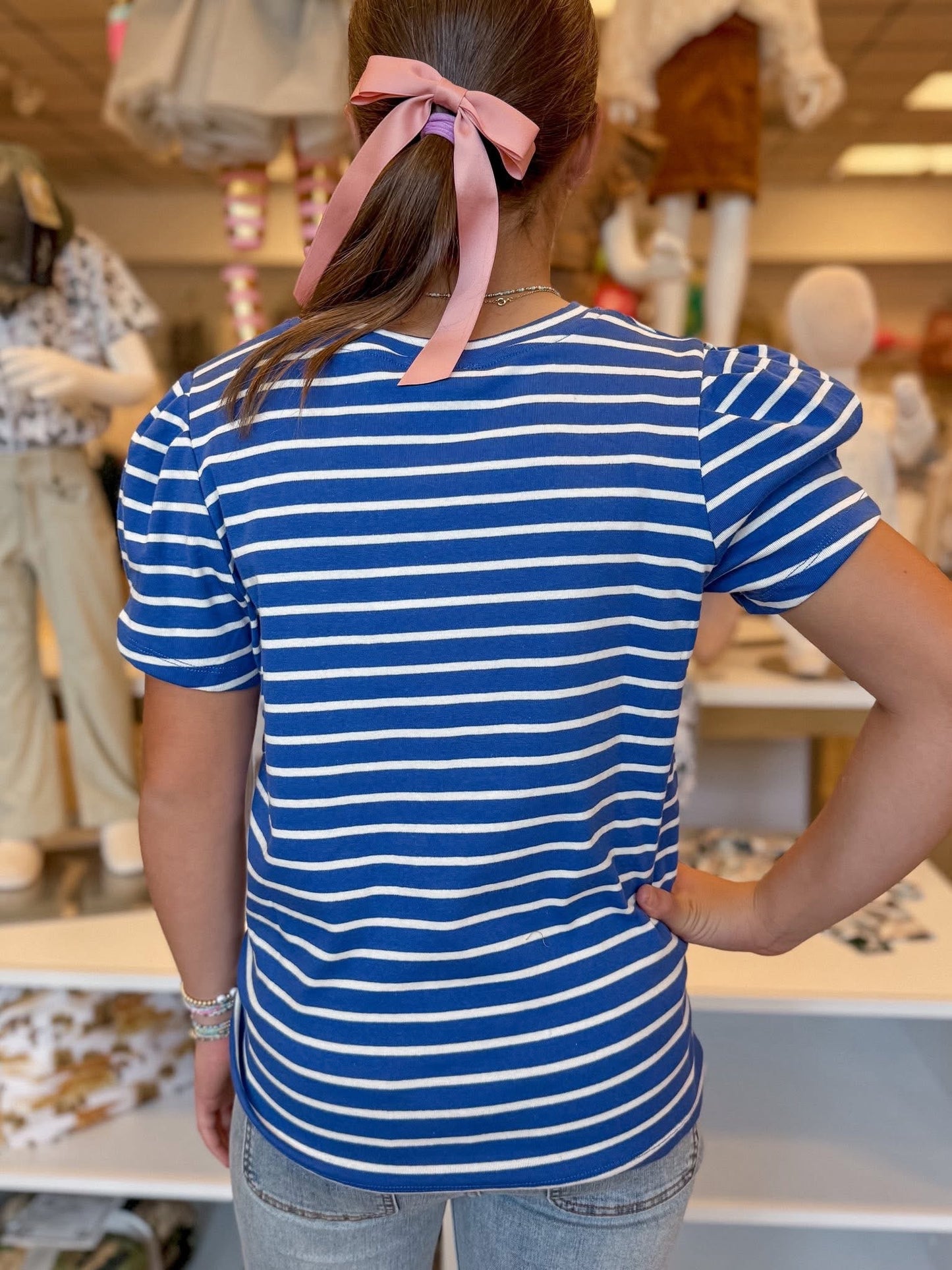 Blue/White Puff Sleeve Stripe Knit Top