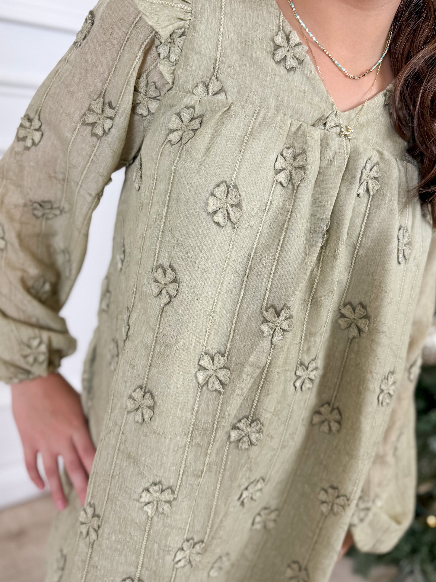 Olive Embroidered Flutter Detail Dress