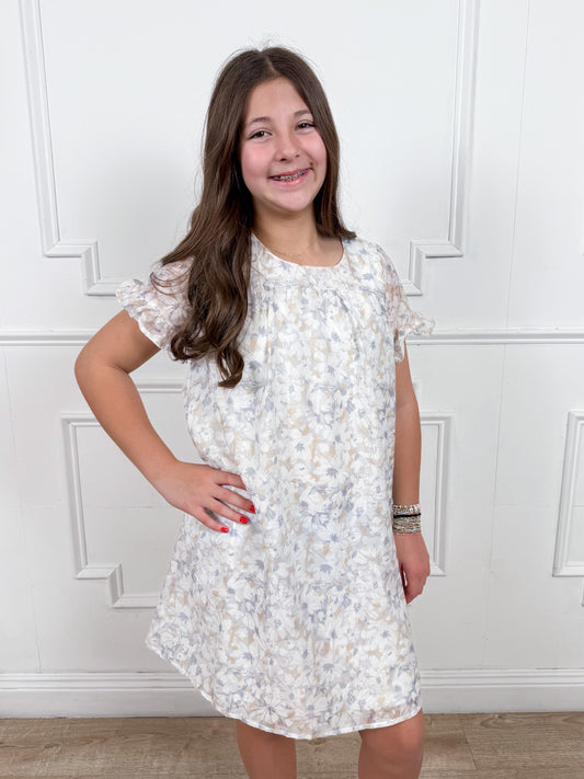 Blue Light Floral Tulip Sleeve Dress