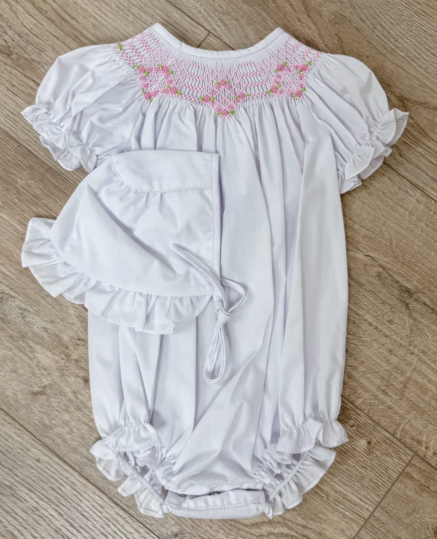 White Smocked Bubble With Bonnet